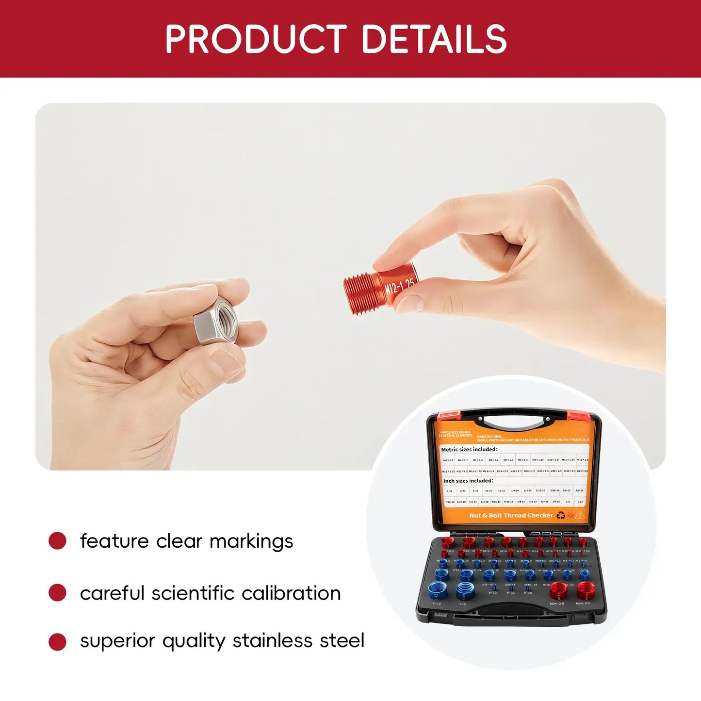 Nut Bolt Size Thread Gauge Tool with Storage Box